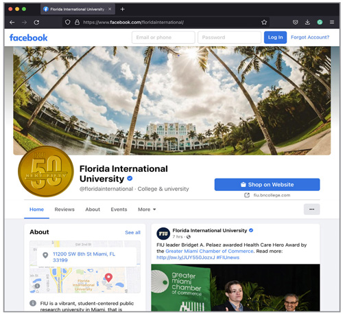 Next Fifty logo placement on FIU's Facebook page