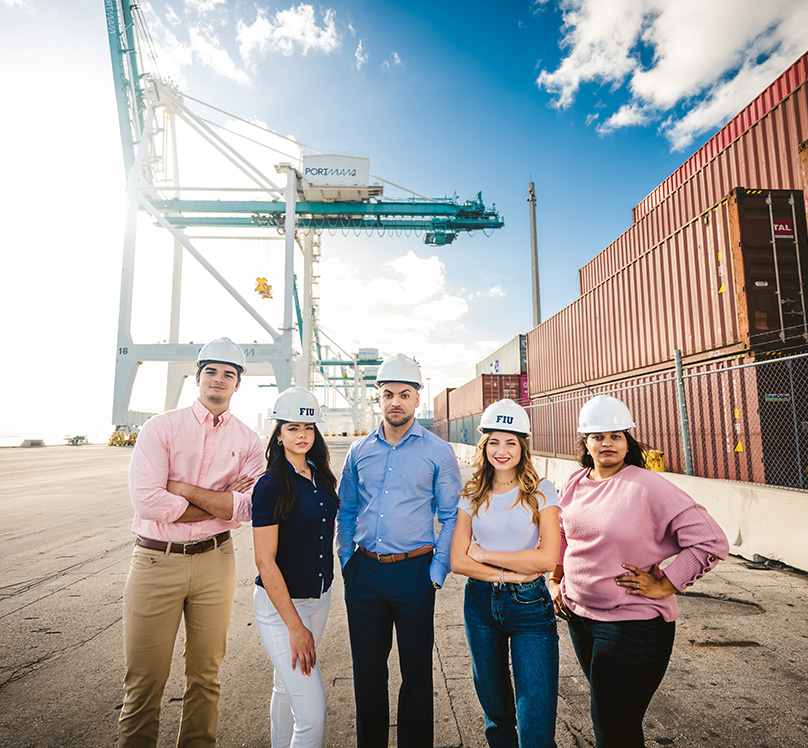 Well-composed photo of FIU students and alumni at the Port of Miami